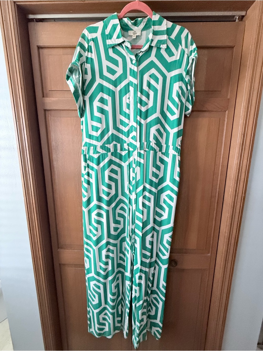 entro Green and White Geometric Jumpsuit with Front Zip